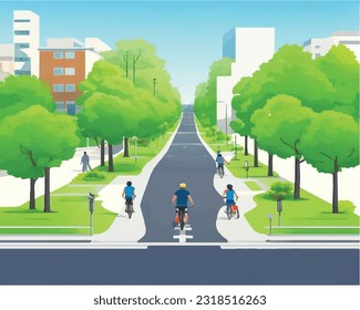 clean path vector illustration of an urban village, with well-defined pedestrian walkways, bike paths, and public spaces, promoting a walkable and livable community.