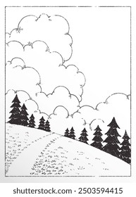 Clean and peaceful landscape line art illustration with clouds, grassy ground and some pine trees.