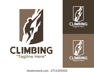 Un logotipo de escalada limpio centrado en las cumbres diseñado para el turismo de aventura, los servicios al aire libre y la marca de estilo de vida activo.