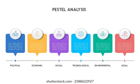 Clean PESTEL Analysis Infographic with Speech Bubble Boxes and Business Factors Vector Illustration