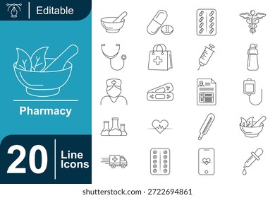 conjunto de ícone de linha de farmácia limpa com ferramentas médicas, pílulas, seringas, garrafas e símbolos de saúde. Perfeito para aplicativos, sites, infográficos e modelos médicos modernos ou relacionados à saúde.