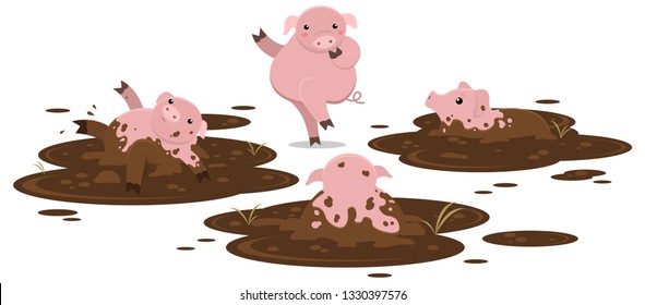 A Clean Pig Stands Embarrassed Amongst A Group Of Muddy Pigs Wallowing In A Bog