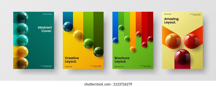 Clean placard A4 design vector template bundle. Fresh 3D spheres journal cover illustration composition.