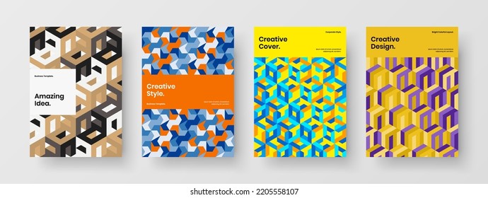 Clean placard design vector illustration set. Multicolored mosaic pattern postcard concept collection.