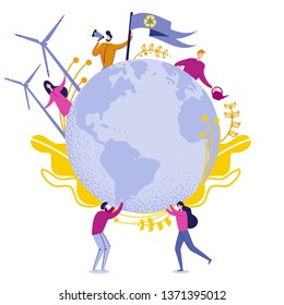 Clean Planet Green Energy Vector Illustration. Man and Woman Holding Globe Planet. People use Clean Energy. Man Speaks Loudspeaker and Keeps Flag with Secondary use Garbage. Cartoon Flat.