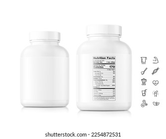 Limpie la bolsa de plástico. Vista frontal y trasera con texto de ejemplo e iconos. Ilustración vectorial aislada en fondo blanco. Perfecto para el deporte, la medicina, los productos cosméticos y la farmacia. EPS10.	