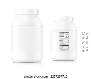 Clean plastic bottle mockup. Front and rear view with sample text. Vector illustration isolated on white background. Perfect for sport, medical, cosmetic, pharmacy products. EPS10.	