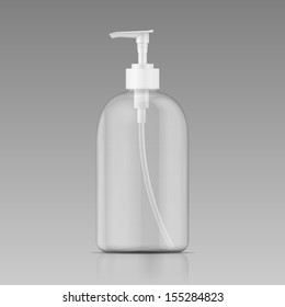Clean Plastic Bottle Template With Dispenser For Liquid Soap, Shampoo, Shower Gel, Lotion, Body Milk. Ready For Your Design. Packaging Collection.. Vector Illustration.