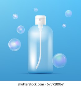 Clean plastic bottle template with dispenser for shampoo, liquid soap, shower gel, lotion, body milk and realistic transparent colorful soap bubbles. Ready for your design. Packaging collection