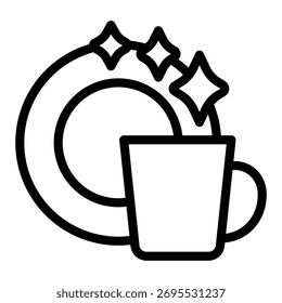 Clean plate and ceramic cup line icon, washing concept. Vector graphics. Dishwashing, wash sign on white background, outline style icon for mobile or web design