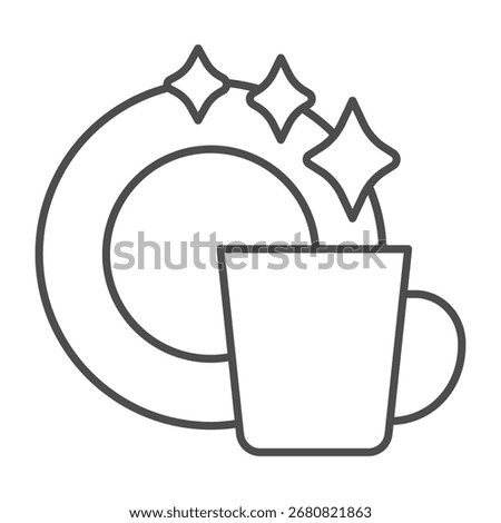 Clean plate and ceramic cup thin line icon, washing concept. Vector graphics. Dishwashing, wash sign on white background, outline style icon for mobile or web design