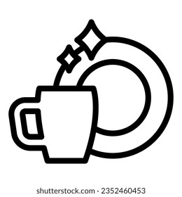 Clean plate and cup line icon, Hygiene routine concept, Washed mug and dish sign on white background, Clean teacup and ceramic plate icon outline style mobile, web. Vector graphics.