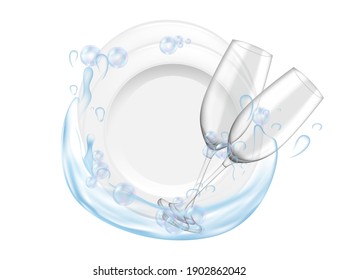 Clean plate and glass wines with water splash home or restaurant dishwashing vector illustration realistic style on white background