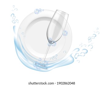 Clean plate and glass wines with water splash home or restaurant dishwashing vector illustration realistic style on white background