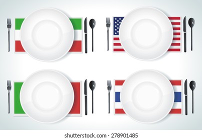 Clean plate with knife and fork on white background, flags of the best cuisine