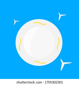 clean plate on a blue background accessory for eating with gold patterns around the edges concept of industry and restaurant business