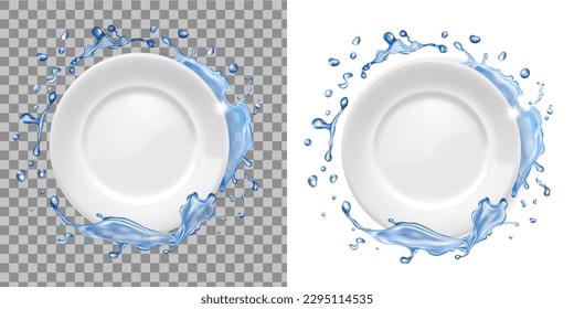 Limpie el plato en salpicaduras de agua. Afiche de la máquina del lavavajillas, vajilla de cerámica blanca limpia. Vajilla brillante. 3.ᵉʳ vector realista