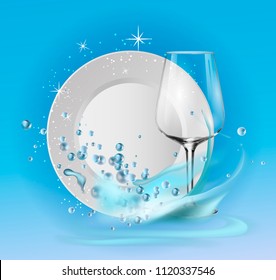 A clean plate and wine glass in soap bubbles and water splash.