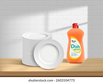 Clean plates and bottle of dishwashing detergent on kitchen table. Vector illustration