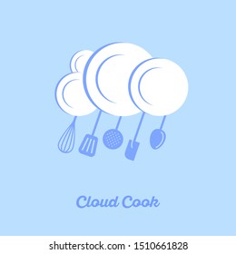 Clean plates and kitchen utensils, like a cloud with rain. Washed dishes symbol. Clean dishes icon.