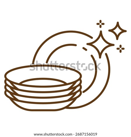 Clean plates linear icon isolated on transparent background. Outline dishware with shining stars. Simple line style perfect for dishwashing, hygiene, kitchen cleaning, household care. Editable stroke.