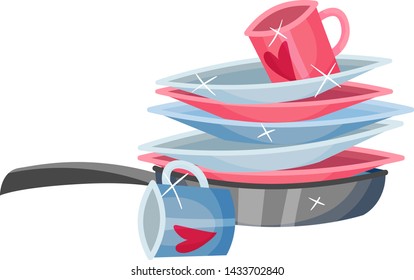 Clean plates and mugs are in the pan. Vector illustration on white background.
