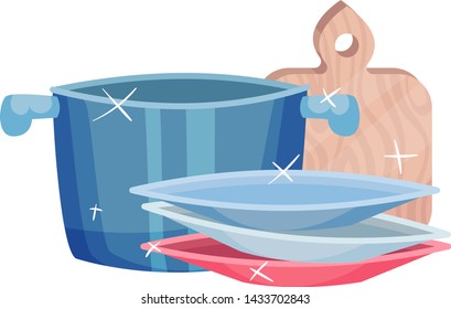 Clean plates, pan and cutting board. Vector illustration on white background.