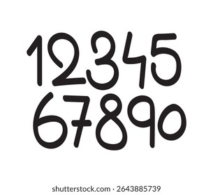  A clean, playful set of handwritten-style black numerals from 0 to 9 on a white background. Ideal for educational materials, design templates, posters, or digital projects.