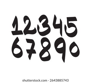  A clean, playful set of handwritten-style black numerals from 0 to 9 on a white background. Ideal for educational materials, design templates, posters, or digital projects.