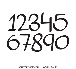  A clean, playful set of handwritten-style black numerals from 0 to 9 on a white background. Ideal for educational materials, design templates, posters, or digital projects.