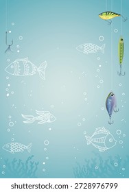 Una Ilustración vectorial limpia y lúdica de un escenario de pesca submarina con coloridos señuelos y anzuelos suspendidos en agua azul, con contornos de peces al estilo doodle y plantas acuáticas, ideal para diseños, fondos y gráficos de stock con temática pesquera.