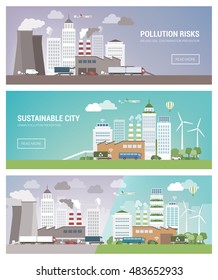 Clean and polluted city banners set, environmental care and urban sustainability concept