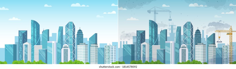 Clean and polluted city. Pollution and environment, ecology and clean area compare with dust town construction. Vector illustration