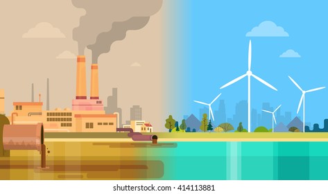 Clean And Polluted Dirty City Environmental Green Energy Concept Wind Turbine Flat Vector Illustration