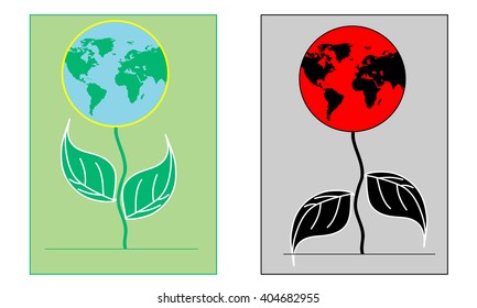 Clean and polluted land in the shape of a flower. Ecological situation in the earth. Postcard for the protection of nature. War on the earth.