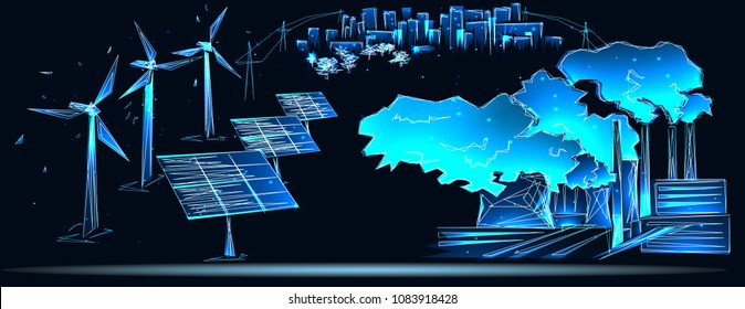 clean and polluting electricity generation production. Polluting fossil thermal coal and nuclear power plants versus clean solar panels and wind turbines renewable energy. Low poly vector illustration