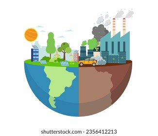 Producción de electricidad limpia y contaminante Medio mundo de medio ambiente contaminado y verde Fondo para el calentamiento global y el cambio climático