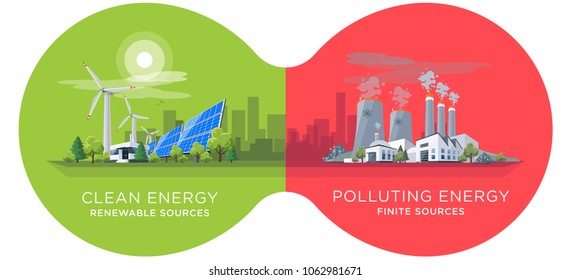 Clean and polluting electricity production in infinity binoculars circles. Vector illustration of fossil coal and nuclear power plants versus clean solar panels and wind turbines renewable energy.