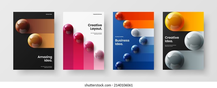 Clean postcard vector design illustration composition. Bright realistic spheres company brochure layout set.