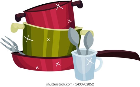 Clean the pots in the pan. Vector illustration on white background.