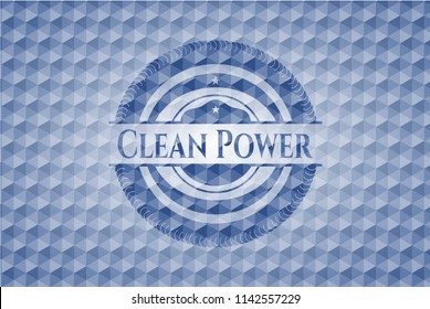 Clean Power blue emblem with geometric pattern background.