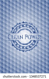 Clean Power blue emblem with geometric pattern.
