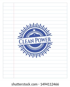 Clean Power emblem drawn with pen. Blue ink. Vector Illustration. Detailed.