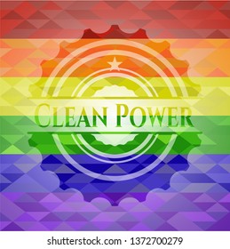 Clean Power emblem on mosaic background with the colors of the LGBT flag