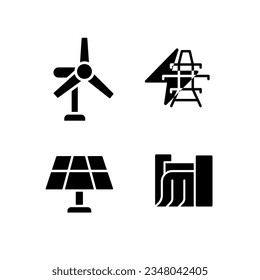 Clean power generation technology black glyph icons set on white space. Sustainable energy industry. Nature protection. Silhouette symbols. Solid pictogram pack. Vector isolated illustration