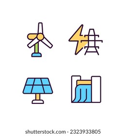 Clean power generation technology pixel perfect RGB color icons set. Sustainable energy industry. Isolated vector illustrations. Simple filled line drawings collection. Editable stroke