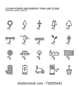 Clean power and Green energy thin line icons set. Clean electrical generate power source sun, water nuclear dam wave nature and garbage. include with pixel perfect icons.