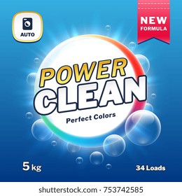 Clean Power - Soap And Laundry Detergent Packaging. Washing Powder Product Label Vector Illustration. Package Power Powder