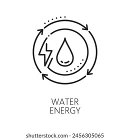 Clean power, water eco energy thin line icon. Water power station, electricity generation sustainable source outline vector sign. Renewable and clean energy line pictogram or symbol