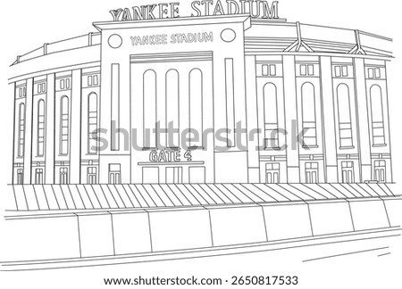 Clean and precise black and white line drawing of the famous Yankee Stadium, a landmark of New York sports and culture. Ideal for coloring pages, educational materials, and graphic design projects.